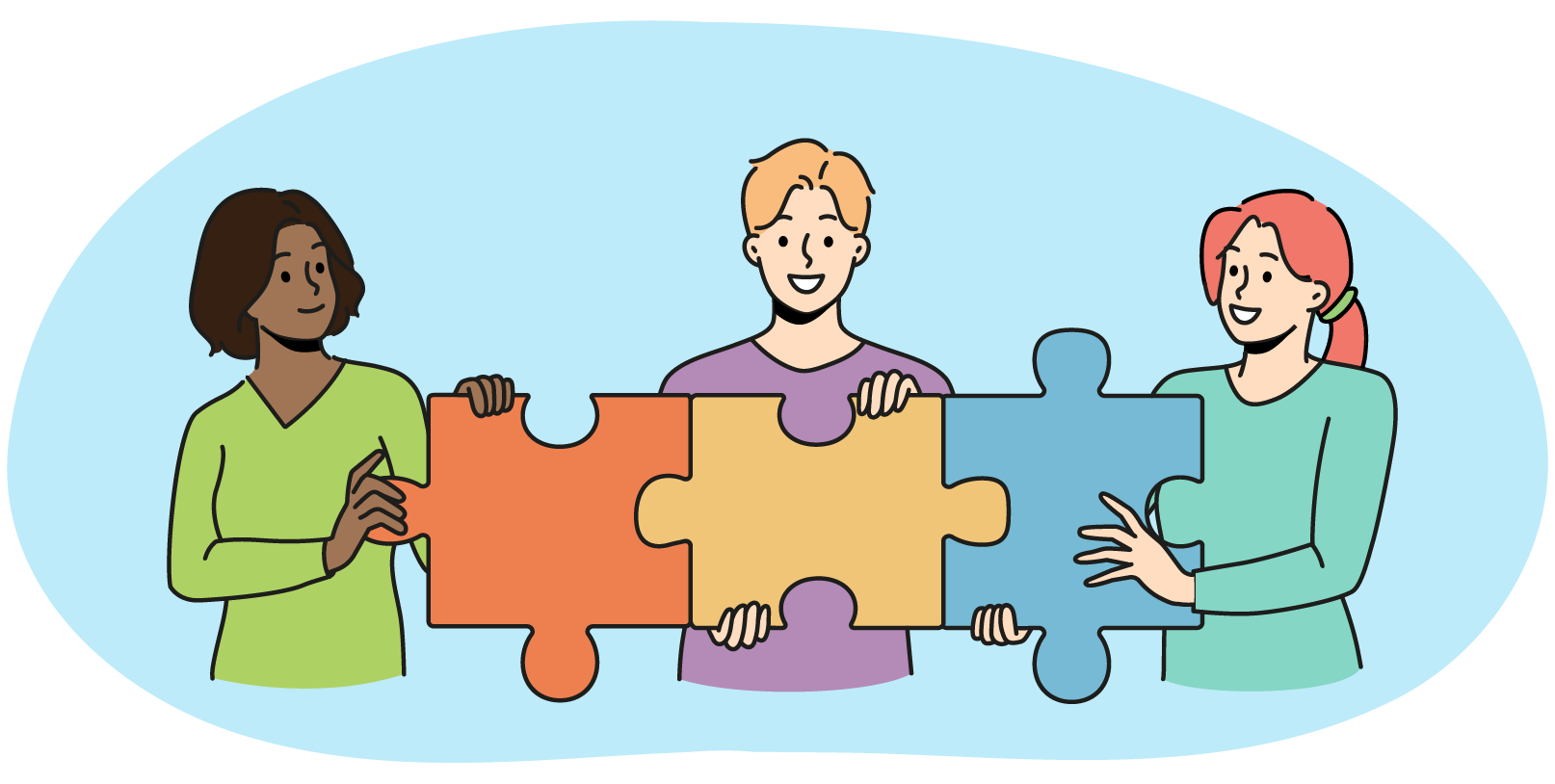 The same group of people from the first image showing off a completed set of puzzle pieces, having successfully solved the problem