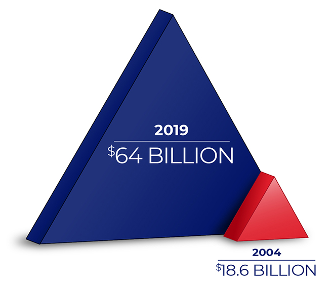 A small triangle imposed on a larger triangle. The smaller reads, '2004: $18.6 Billion,' and the larger triangle reads, '2019: $64 Billion'