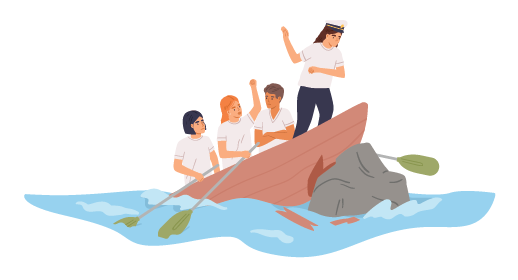 Four people rowing in a boat crashing into a rock