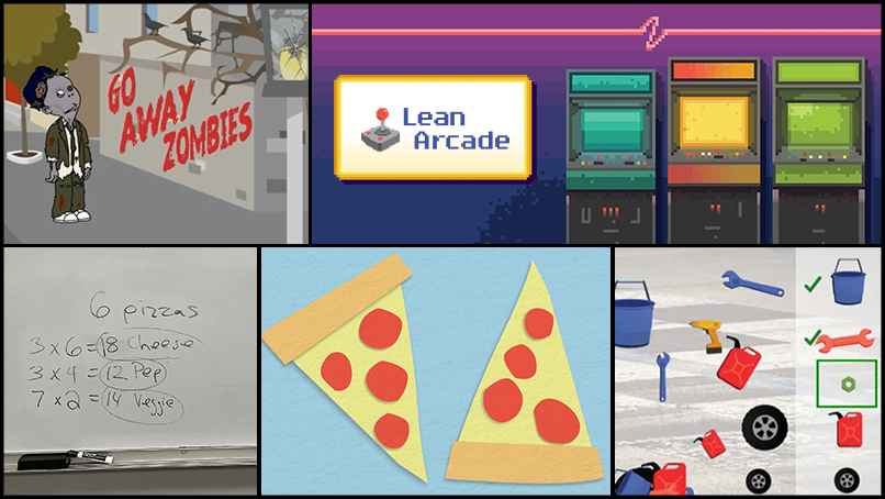 A collage of images: Sherlock Holmes Zombie Hunter, Lean Arcade, Cut paper pizza slices, a 5S Lean arcade game, a whiteboard with numbers of pizza slices listed